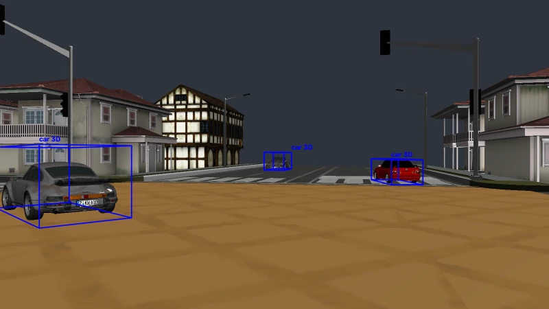 Projected blue 3D bounding boxes around cars in the rendered scene.