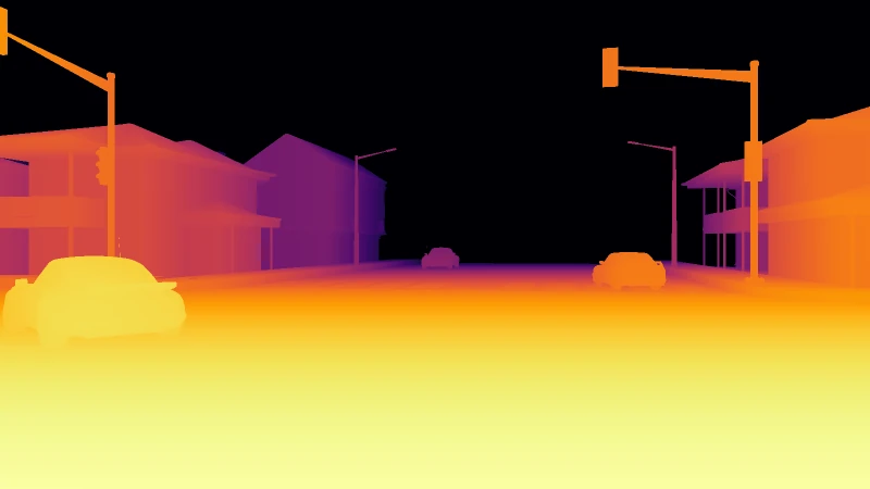 The same street scene rendered as a color-coded depth map.