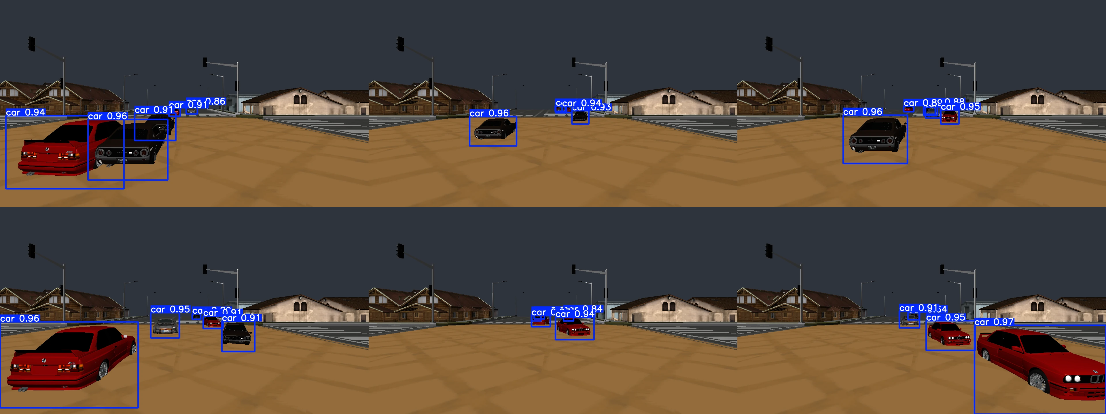 Two rows of object detection predictions across synthetic driving scenes.