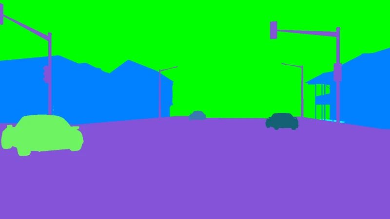 Individual cars and scene objects distinguished by colored instance masks.