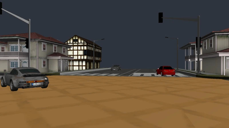 A rendered street scene with buildings, traffic lights, and cars.