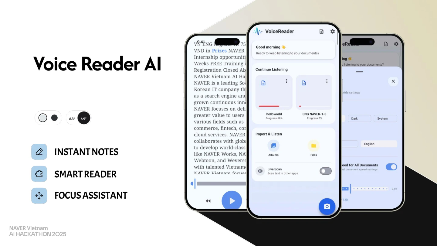VoiceReaderAI pitch-deck preview showing the Android reader, document library, and floating reading overlay.